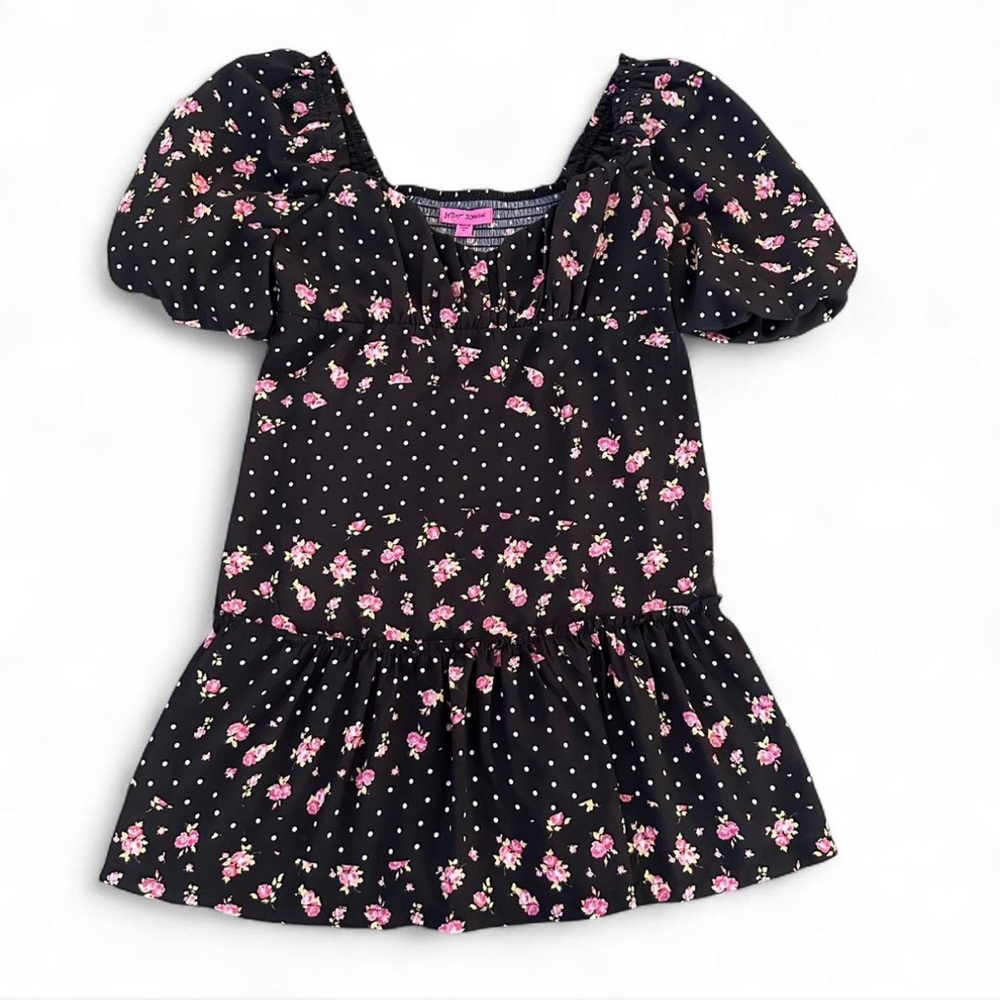 Betsey Johnson Floral Polka Dot Puff Sleeve milkmaid‎ Mini Dress Black Size Med